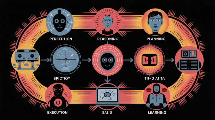 An infographic showing the full workflow of an agentic AI agent from perception and reasoning to execution.