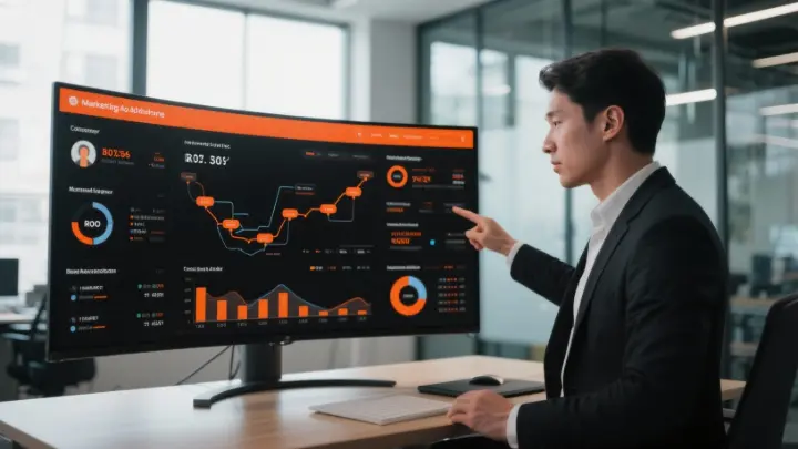 Marketing professional analyzing AI-powered attribution dashboard showing customer journey and ROI metrics
