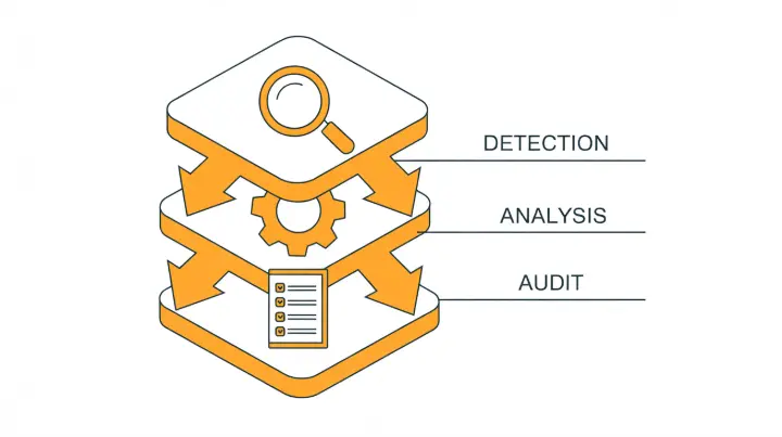 Three-layer architecture diagram of AI compliance agents showing detection, analysis, and audit capabilities