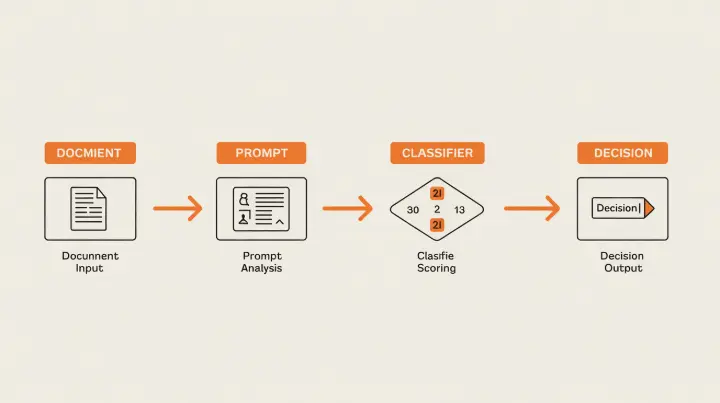 Two-stage compliance checking flowchart with prompt analysis and classifier validation steps