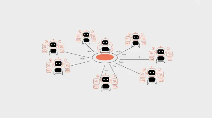 Human workers collaborating with AI agents in partnership showing integrated workflows and shared task completion