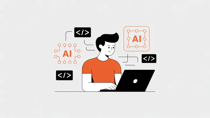 Developer using AI coding assistant on laptop with collaborative team environment in background