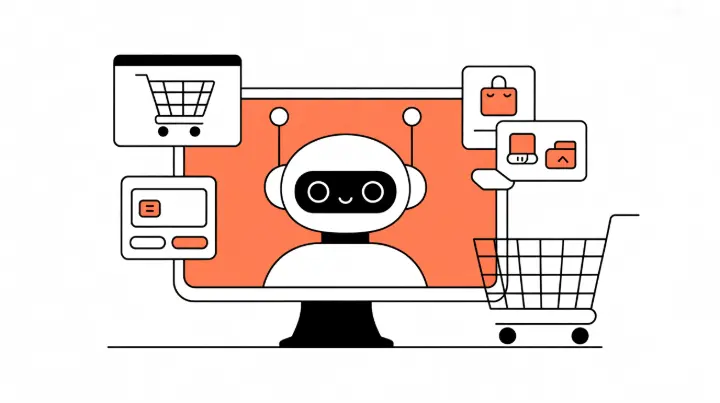 “Illustration of shopper using AI assistant to compare products online in a clean white interface.”
