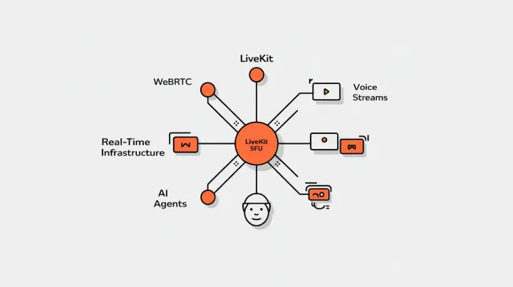 Alt: &#34;LiveKit infrastructure diagram showing SFU architecture with WebRTC connections, voice streams, and AI agent routing for real-time sales communication&#34;  Title: &#34;LiveKit Real-Time Communication Infrastructure&#34;  Caption: &#34;LiveKit&#39;s Selective Forwarding Unit efficiently routes media streams for virtual sales assistants&#34;